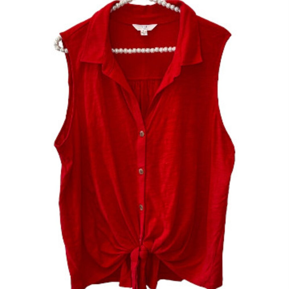 Bright Red 100% Cotton Tie Front Sleeveless Top - Time & Tru - XL (16-18) NWT
